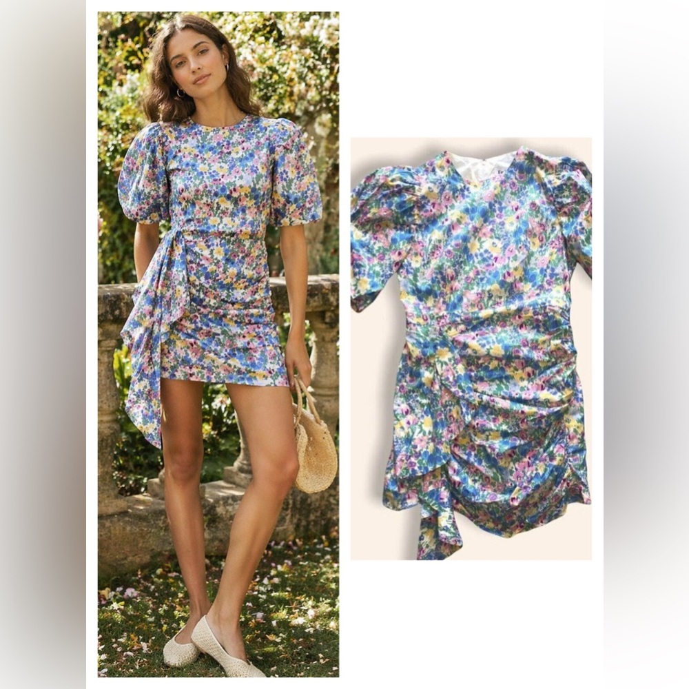 Floral Cotton Mini Dress Puff Sleeve Ruched Size M